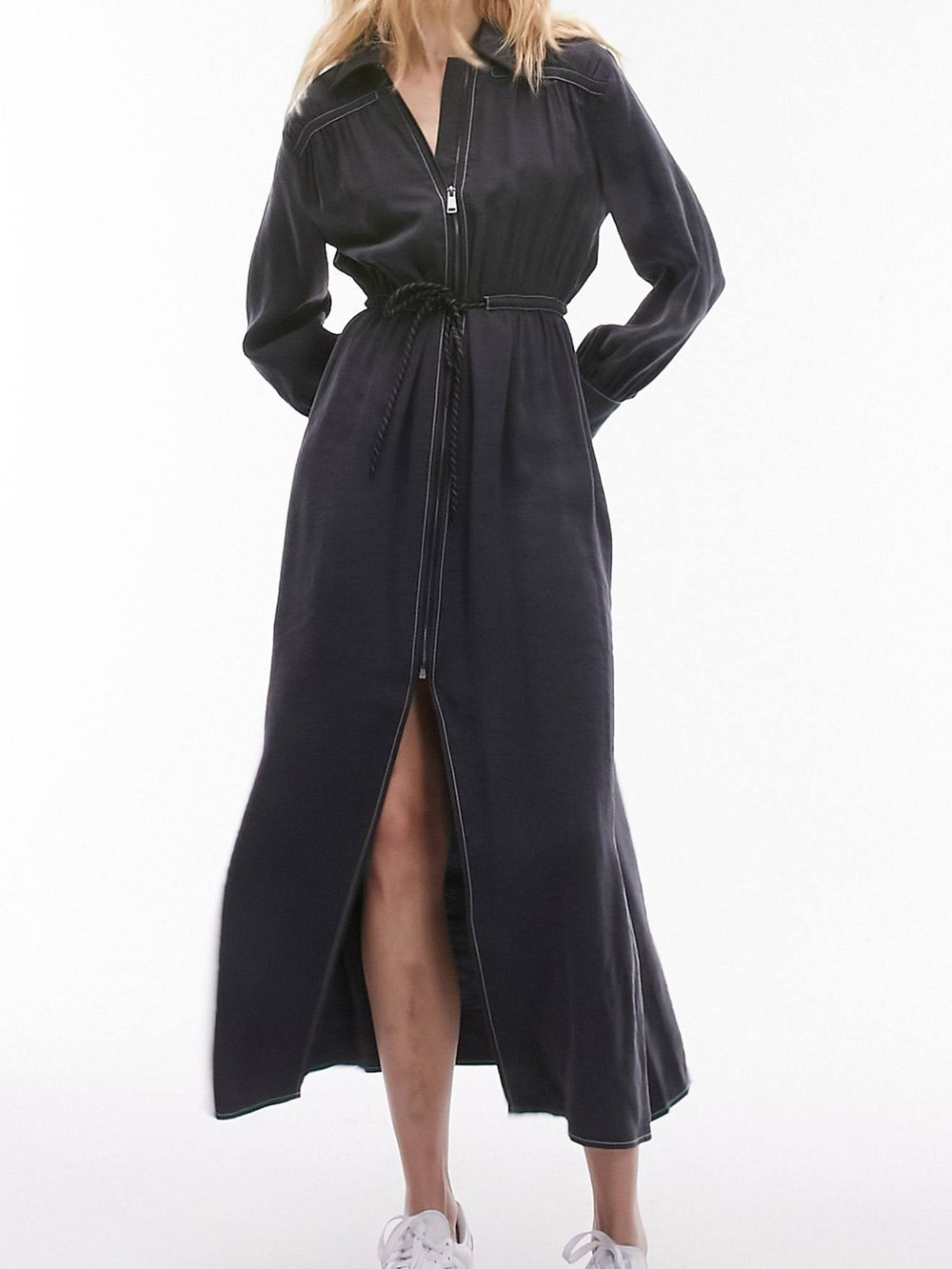 Topshop Zip Dress Womens 6 Gray Zip Front Drawstring Waist Maxi Long Sleeve
